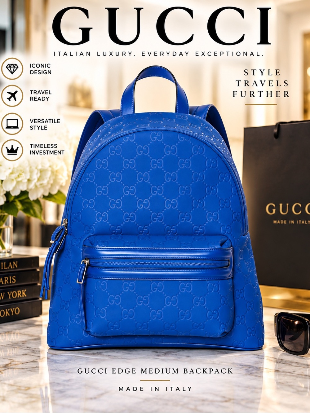 Gucci Royal Blue Embossed GG Medium Backpack